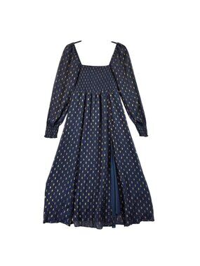 OPT Dress Womens M Blue Geometric Square Neck Smocked Maxi Long Sleeve Boho
